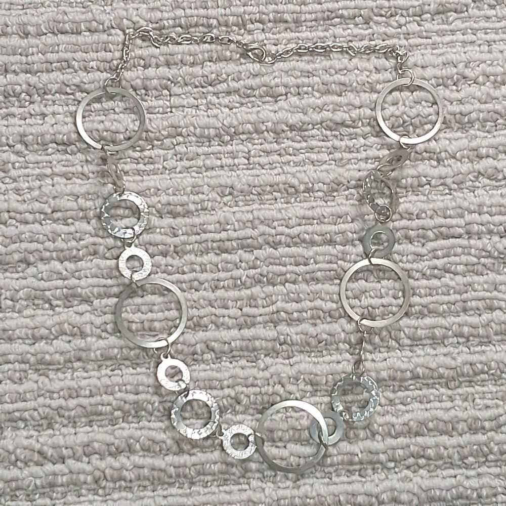Silver Tone Hammered Open Circle Ring Link Chain Statement Collar Necklace Women